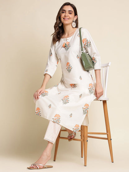 White Foral Printed Straight Kurta With Trouser - Buy Best Ethnic Wear for Women & Girls | Daily Woman - 