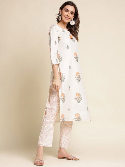 White Foral Printed Straight Kurta With Trouser - Buy Best Ethnic Wear for Women & Girls | Daily Woman - 