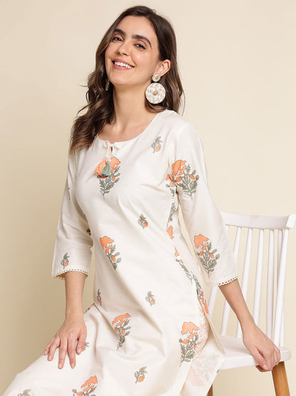 White Foral Printed Straight Kurta With Trouser - Buy Best Ethnic Wear for Women & Girls | Daily Woman - 