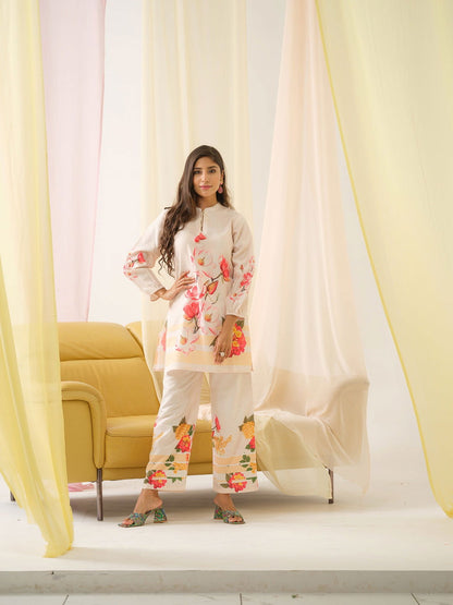 White & Orange Mandarin Collar Printed Tunic Palazzos - Buy Best Ethnic Wear for Women & Girls | Daily Woman - 