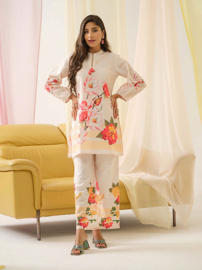 White & Orange Mandarin Collar Printed Tunic Palazzos - Buy Best Ethnic Wear for Women & Girls | Daily Woman - 
