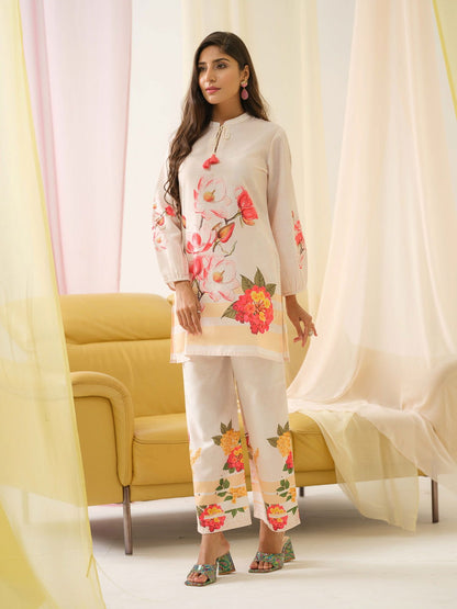 White & Orange Mandarin Collar Printed Tunic Palazzos - Buy Best Ethnic Wear for Women & Girls | Daily Woman - 