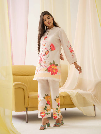 White & Orange Mandarin Collar Printed Tunic Palazzos - Buy Best Ethnic Wear for Women & Girls | Daily Woman - 