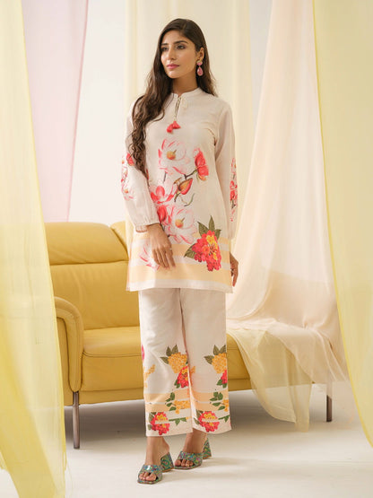 White & Orange Mandarin Collar Printed Tunic Palazzos - Buy Best Ethnic Wear for Women & Girls | Daily Woman - 