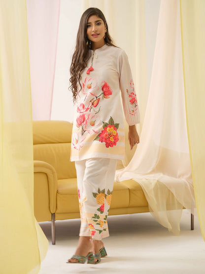 White & Orange Mandarin Collar Printed Tunic Palazzos - Buy Best Ethnic Wear for Women & Girls | Daily Woman - 