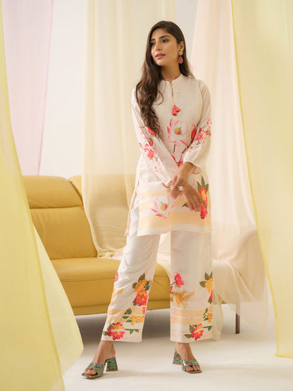 White & Orange Mandarin Collar Printed Tunic Palazzos - Buy Best Ethnic Wear for Women & Girls | Daily Woman - 
