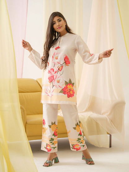 White & Orange Mandarin Collar Printed Tunic Palazzos - Buy Best Ethnic Wear for Women & Girls | Daily Woman - 