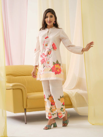 White & Orange Mandarin Collar Printed Tunic Palazzos - Buy Best Ethnic Wear for Women & Girls | Daily Woman - 