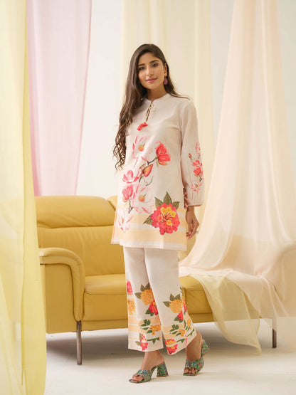 White & Orange Mandarin Collar Printed Tunic Palazzos - Buy Best Ethnic Wear for Women & Girls | Daily Woman - 