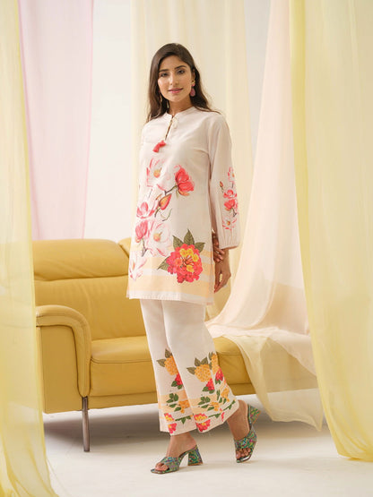White & Orange Mandarin Collar Printed Tunic Palazzos - Buy Best Ethnic Wear for Women & Girls | Daily Woman - 