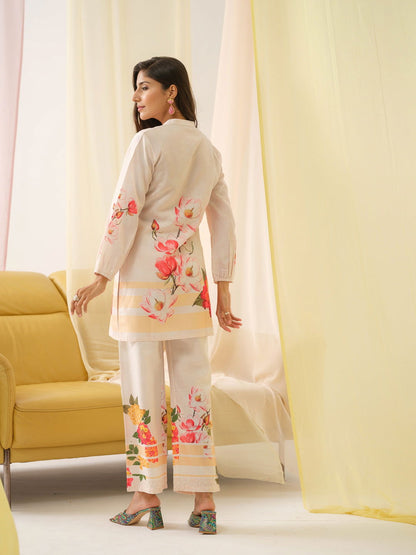 White & Orange Mandarin Collar Printed Tunic Palazzos - Buy Best Ethnic Wear for Women & Girls | Daily Woman - 