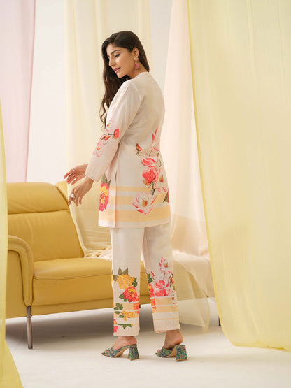 White & Orange Mandarin Collar Printed Tunic Palazzos - Buy Best Ethnic Wear for Women & Girls | Daily Woman - 