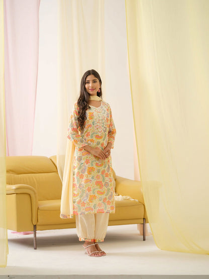 White Yoke Design Floral Straight Kurta and Trousers With Dupatta - Buy Best Ethnic Wear for Women & Girls | Daily Woman - 
