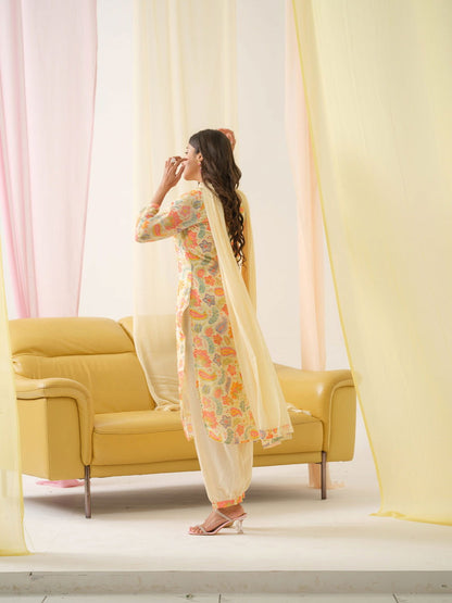 White Yoke Design Floral Straight Kurta and Trousers With Dupatta - Buy Best Ethnic Wear for Women & Girls | Daily Woman - 