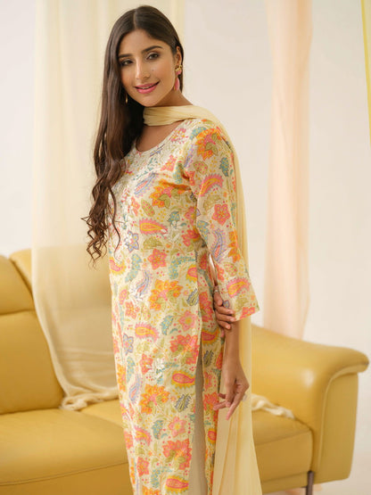 White Yoke Design Floral Straight Kurta and Trousers With Dupatta - Buy Best Ethnic Wear for Women & Girls | Daily Woman - 