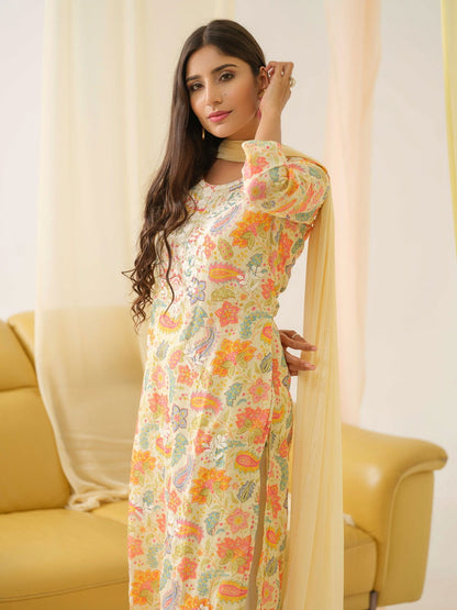White Yoke Design Floral Straight Kurta and Trousers With Dupatta - Buy Best Ethnic Wear for Women & Girls | Daily Woman - 