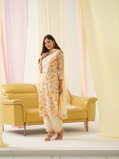 White Yoke Design Floral Straight Kurta and Trousers With Dupatta - Buy Best Ethnic Wear for Women & Girls | Daily Woman - 