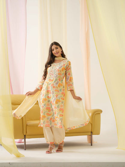 White Yoke Design Floral Straight Kurta and Trousers With Dupatta - Buy Best Ethnic Wear for Women & Girls | Daily Woman - 