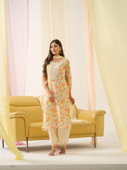 White Yoke Design Floral Straight Kurta and Trousers With Dupatta - Buy Best Ethnic Wear for Women & Girls | Daily Woman - 