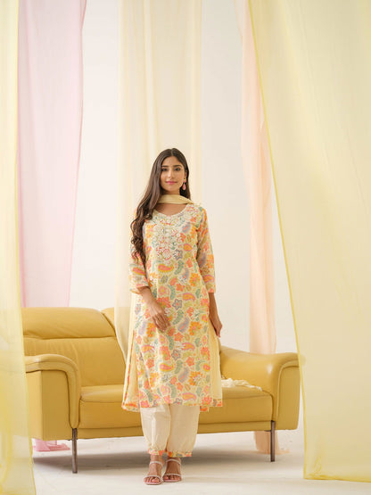 White Yoke Design Floral Straight Kurta and Trousers With Dupatta - Buy Best Ethnic Wear for Women & Girls | Daily Woman - 