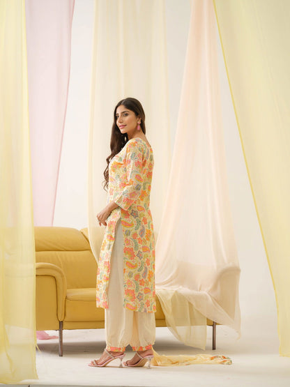 White Yoke Design Floral Straight Kurta and Trousers With Dupatta - Buy Best Ethnic Wear for Women & Girls | Daily Woman - 