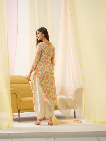 White Yoke Design Floral Straight Kurta and Trousers With Dupatta - Buy Best Ethnic Wear for Women & Girls | Daily Woman - 