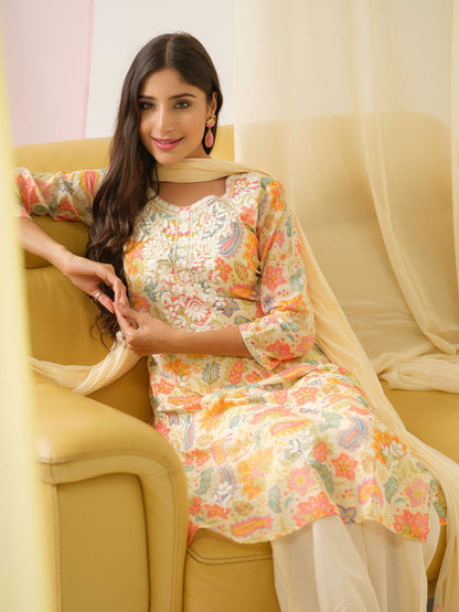 White Yoke Design Floral Straight Kurta and Trousers With Dupatta - Buy Best Ethnic Wear for Women & Girls | Daily Woman - 