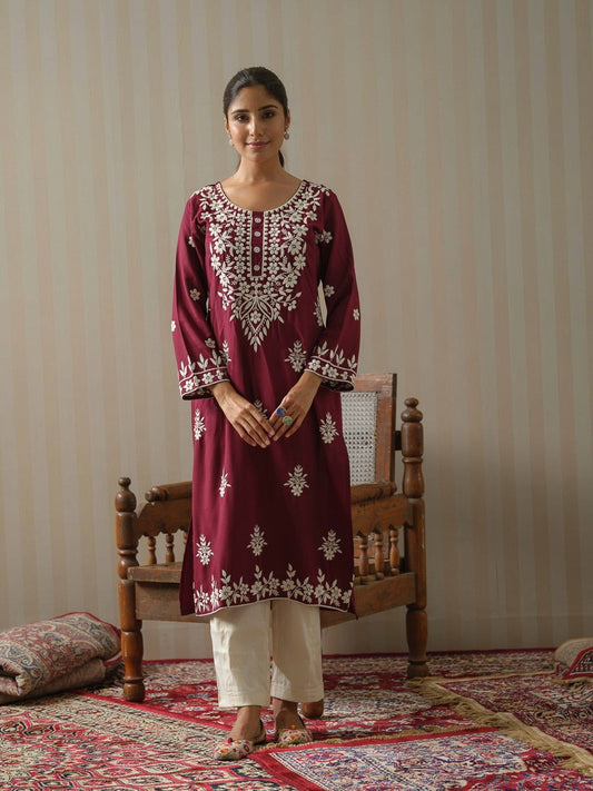 Wine Chikankari Embroidered Straight Kurta - Buy Best Ethnic Wear for Women & Girls | Daily Woman - 