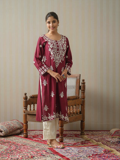 Wine Chikankari Embroidered Straight Kurta - Buy Best Ethnic Wear for Women & Girls | Daily Woman - 