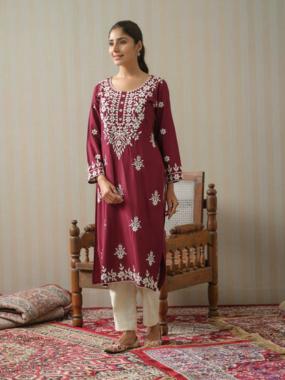 Wine Chikankari Embroidered Straight Kurta - Buy Best Ethnic Wear for Women & Girls | Daily Woman - 
