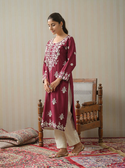 Wine Chikankari Embroidered Straight Kurta - Buy Best Ethnic Wear for Women & Girls | Daily Woman - 