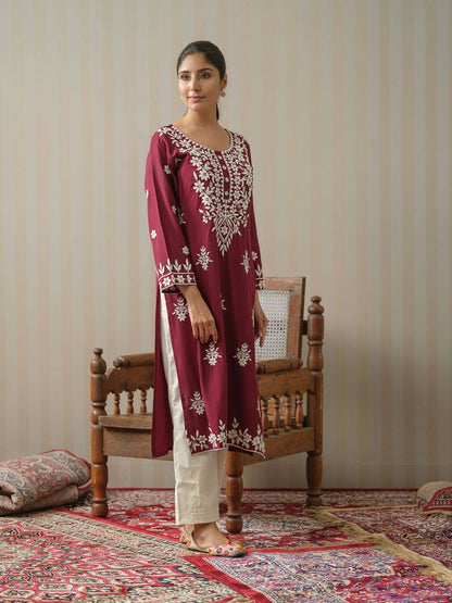 Wine Chikankari Embroidered Straight Kurta - Buy Best Ethnic Wear for Women & Girls | Daily Woman - 