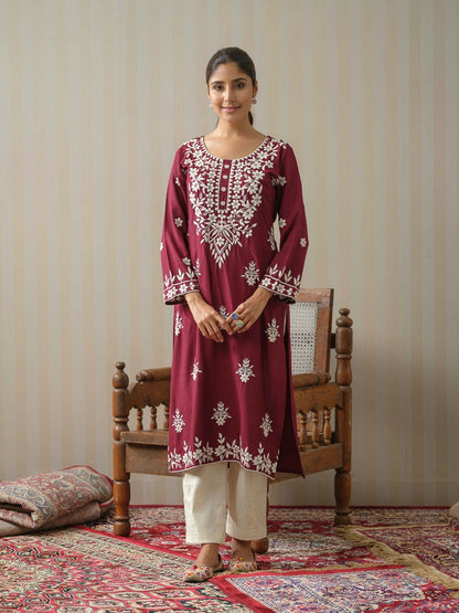 Wine Chikankari Embroidered Straight Kurta - Buy Best Ethnic Wear for Women & Girls | Daily Woman - 