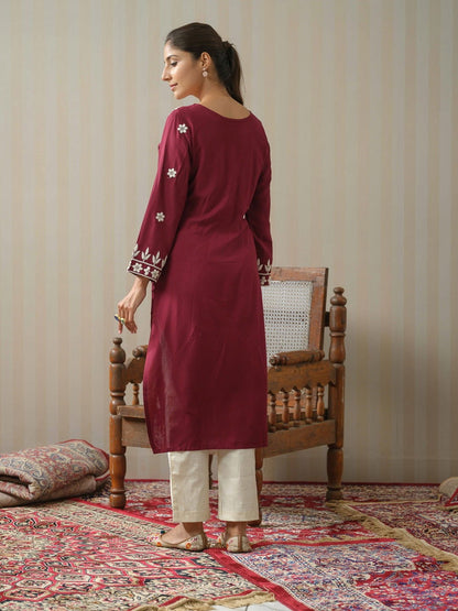 Wine Chikankari Embroidered Straight Kurta - Buy Best Ethnic Wear for Women & Girls | Daily Woman - 