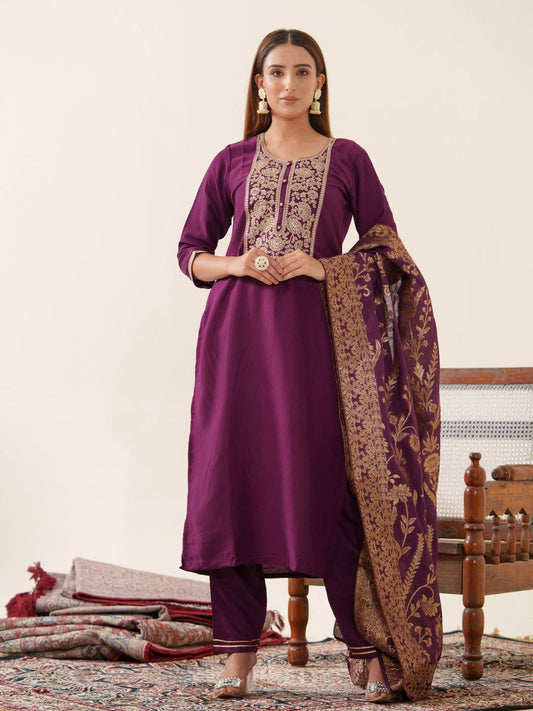 Wine Color Poly Chinon Ethnic Motifs Woven Design Zari Regular Kurta with Trousers & Banarasi Dupatta - Buy Best Ethnic Wear for Women & Girls | Daily Woman - 