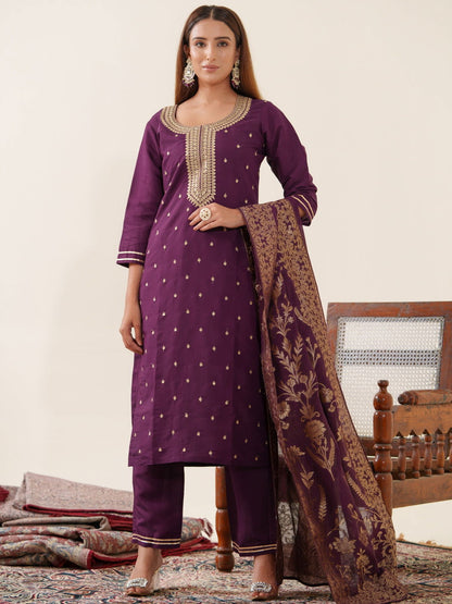Wine Color Roman Silk Kurta Set with Dupatta - Buy Best Ethnic Wear for Women & Girls | Daily Woman - 