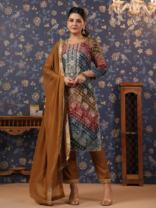 Women Brown & Navy Blue Embroidered Straight Kurta and Palazzos With Dupatta - Buy Best Ethnic Wear for Women & Girls | Daily Woman - 