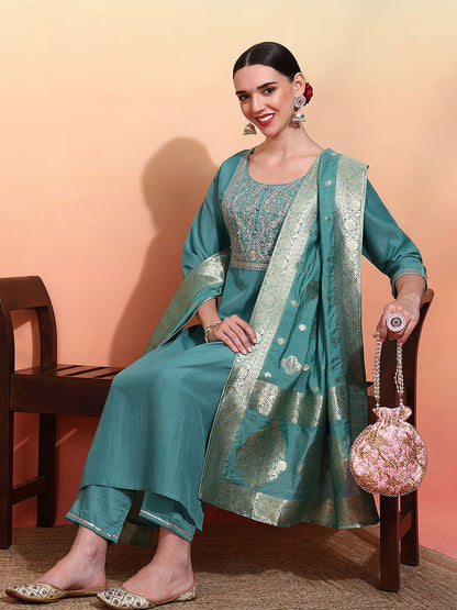 Women Embroidered Regular Kurta with Trousers & With Dupatta - Buy Best Ethnic Wear for Women & Girls | Daily Woman - 