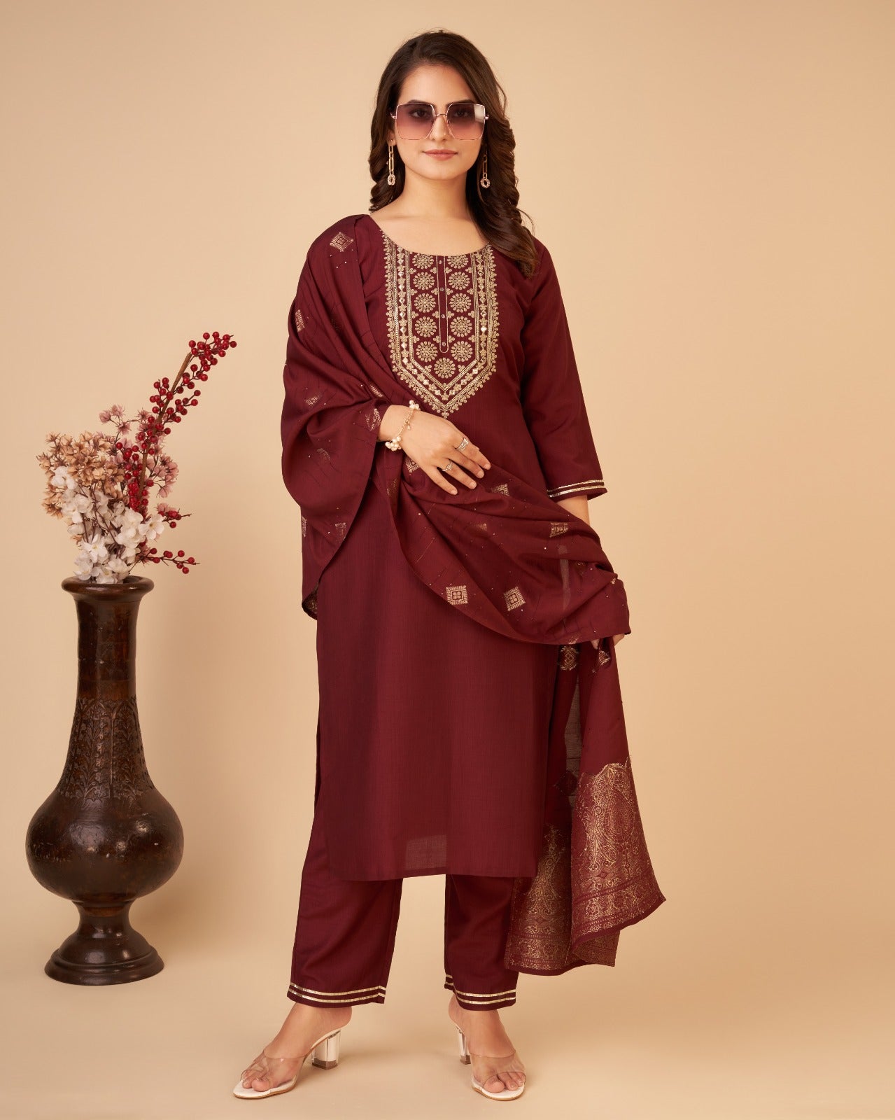 Women Maroon Ethnic Motifs Yoke Design Regular Kurta with Trousers & With Dupatta - Buy Best Ethnic Wear for Women & Girls | Daily Woman - 