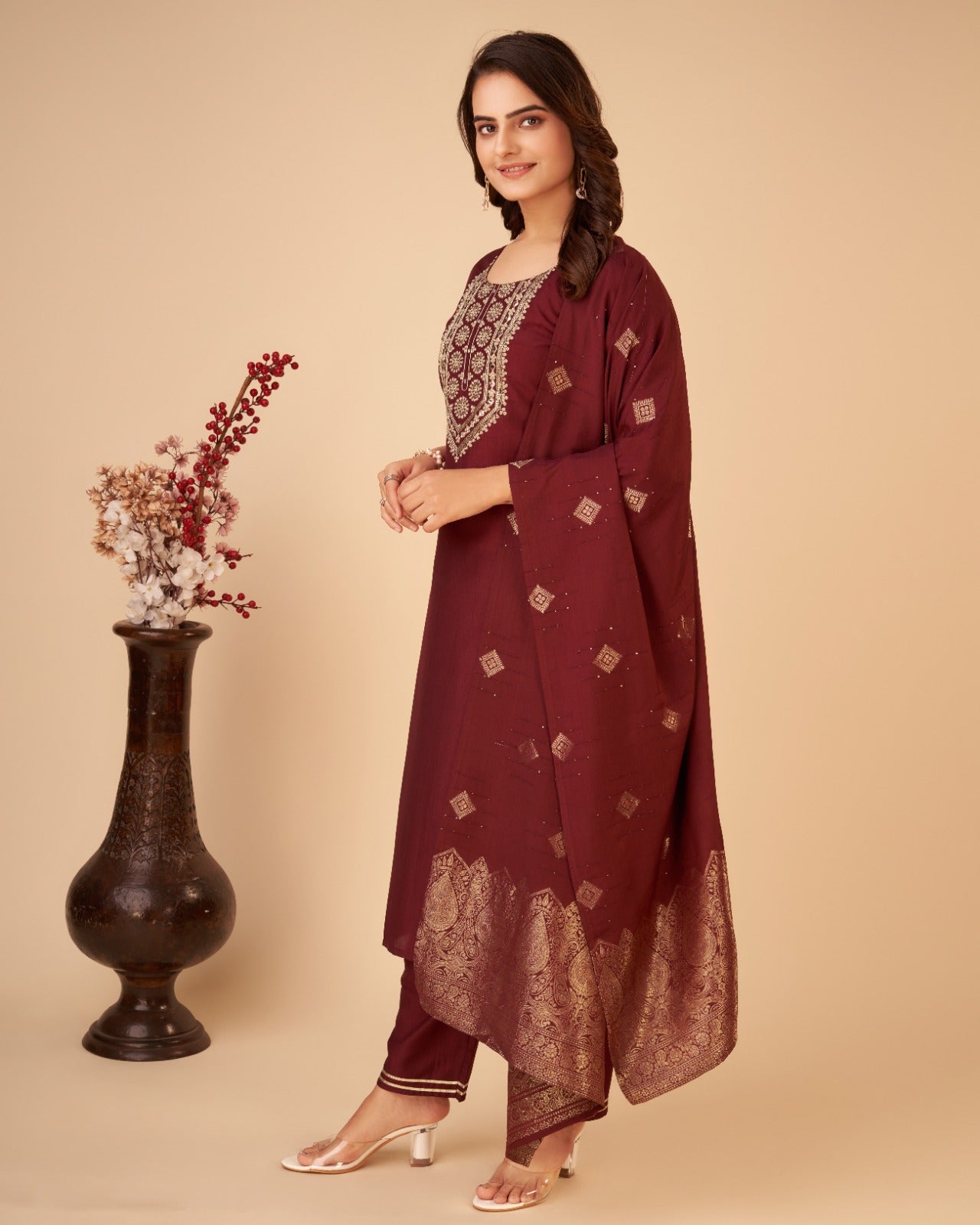Women Maroon Ethnic Motifs Yoke Design Regular Kurta with Trousers & With Dupatta - Buy Best Ethnic Wear for Women & Girls | Daily Woman - 