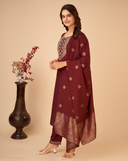 Women Maroon Ethnic Motifs Yoke Design Regular Kurta with Trousers & With Dupatta - Buy Best Ethnic Wear for Women & Girls | Daily Woman - 
