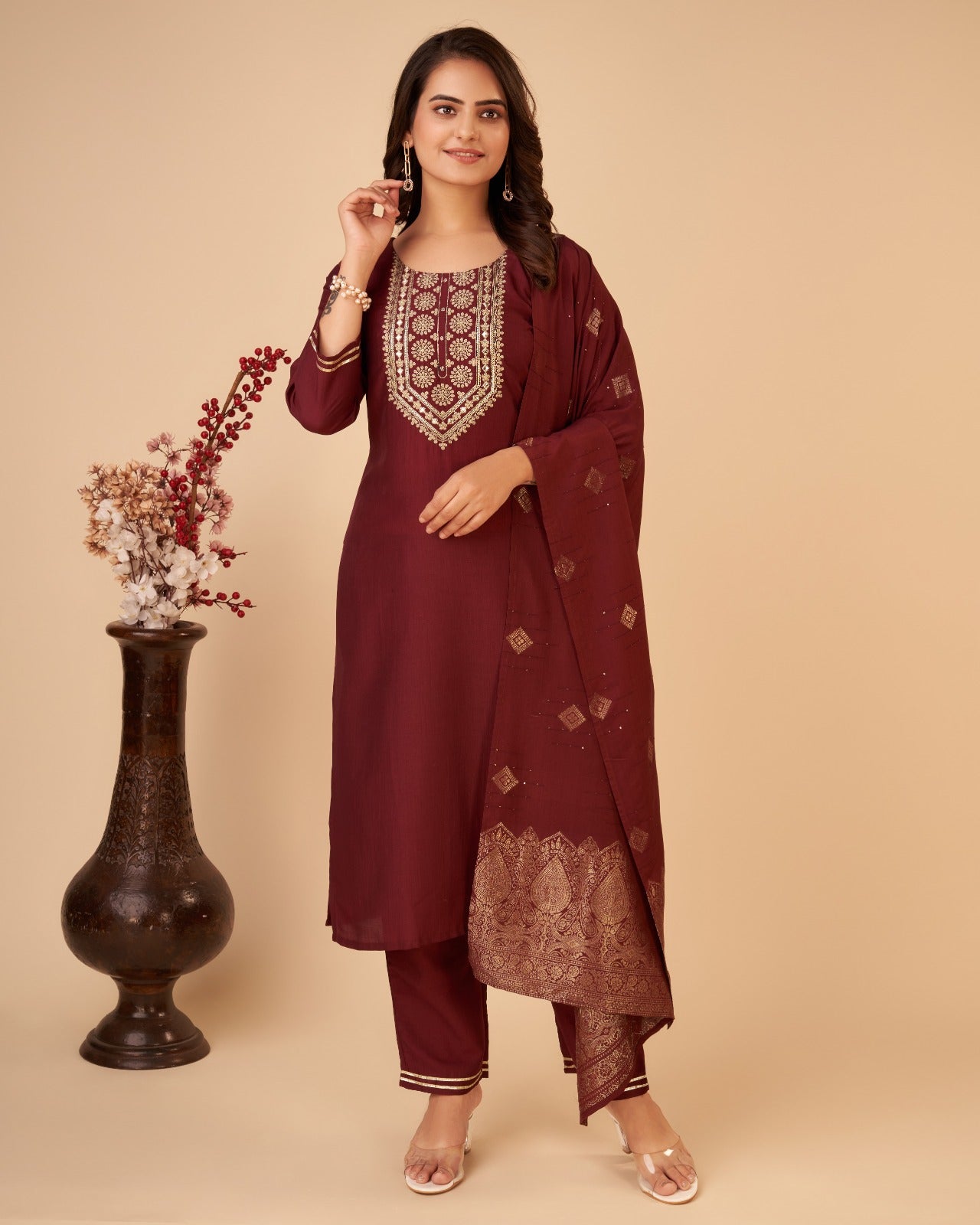 Women Maroon Ethnic Motifs Yoke Design Regular Kurta with Trousers & With Dupatta - Buy Best Ethnic Wear for Women & Girls | Daily Woman - 