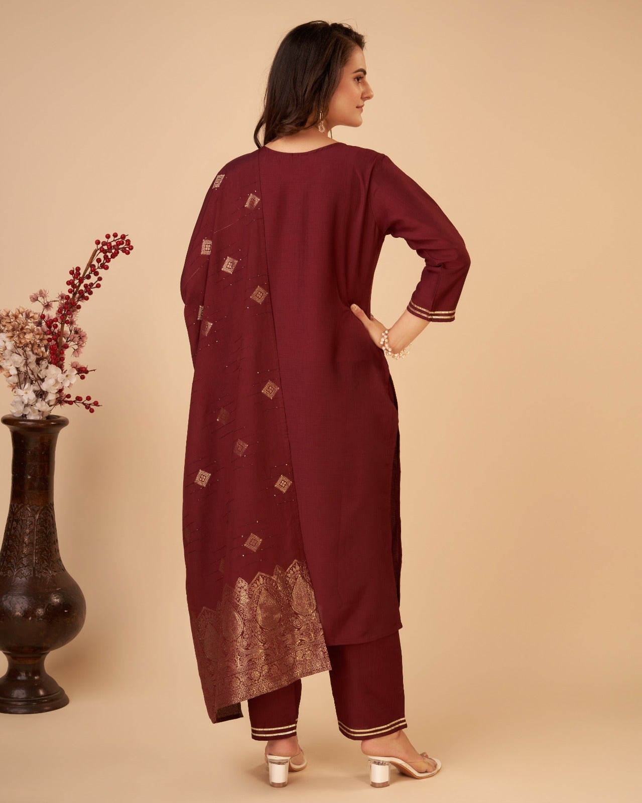 Women Maroon Ethnic Motifs Yoke Design Regular Kurta with Trousers & With Dupatta - Buy Best Ethnic Wear for Women & Girls | Daily Woman - 