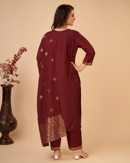 Women Maroon Ethnic Motifs Yoke Design Regular Kurta with Trousers & With Dupatta - Buy Best Ethnic Wear for Women & Girls | Daily Woman - 