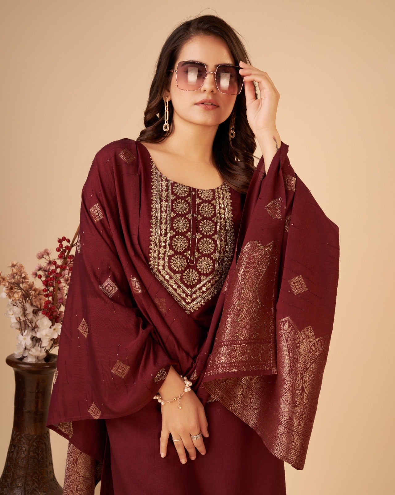 Women Maroon Ethnic Motifs Yoke Design Regular Kurta with Trousers & With Dupatta - Buy Best Ethnic Wear for Women & Girls | Daily Woman - 