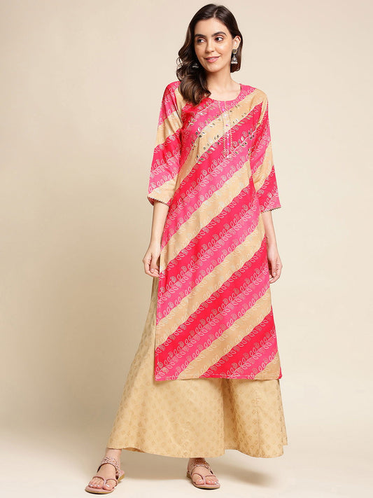 Women Pink & Beige Paisley Printed Straight Calf Length Kurta - Buy Best Ethnic Wear for Women & Girls | Daily Woman - 
