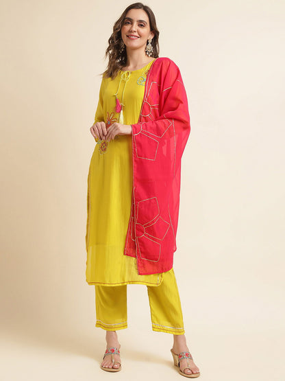 Women Yellow & Pink Floral Embroidered Sequinned Kurta With Trousers & Dupatta - Buy Best Ethnic Wear for Women & Girls | Daily Woman - 