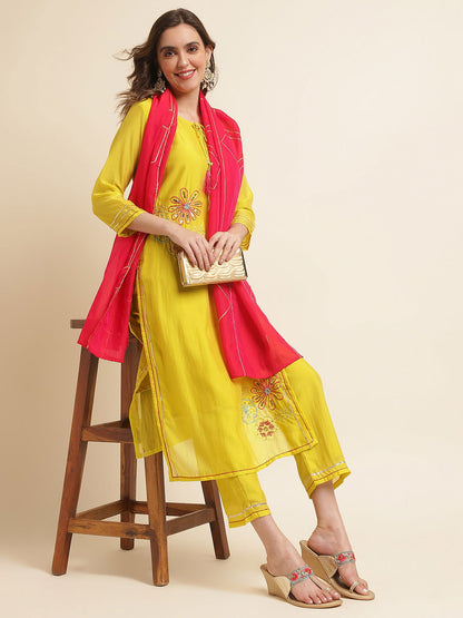Women Yellow & Pink Floral Embroidered Sequinned Kurta With Trousers & Dupatta - Buy Best Ethnic Wear for Women & Girls | Daily Woman - 