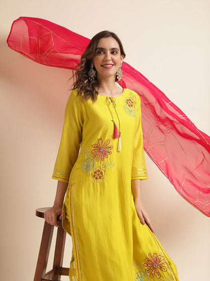 Women Yellow & Pink Floral Embroidered Sequinned Kurta With Trousers & Dupatta - Buy Best Ethnic Wear for Women & Girls | Daily Woman - 