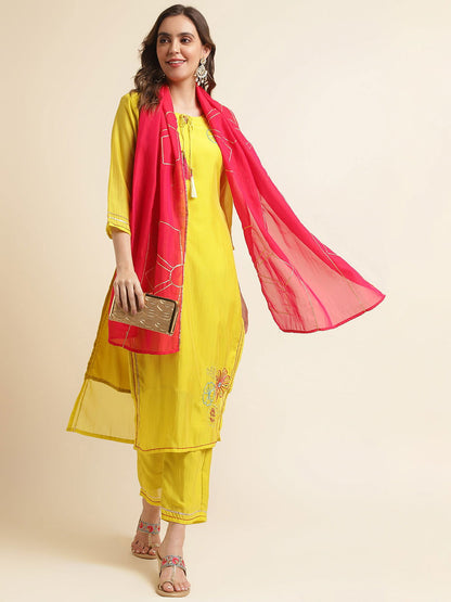 Women Yellow & Pink Floral Embroidered Sequinned Kurta With Trousers & Dupatta - Buy Best Ethnic Wear for Women & Girls | Daily Woman - 
